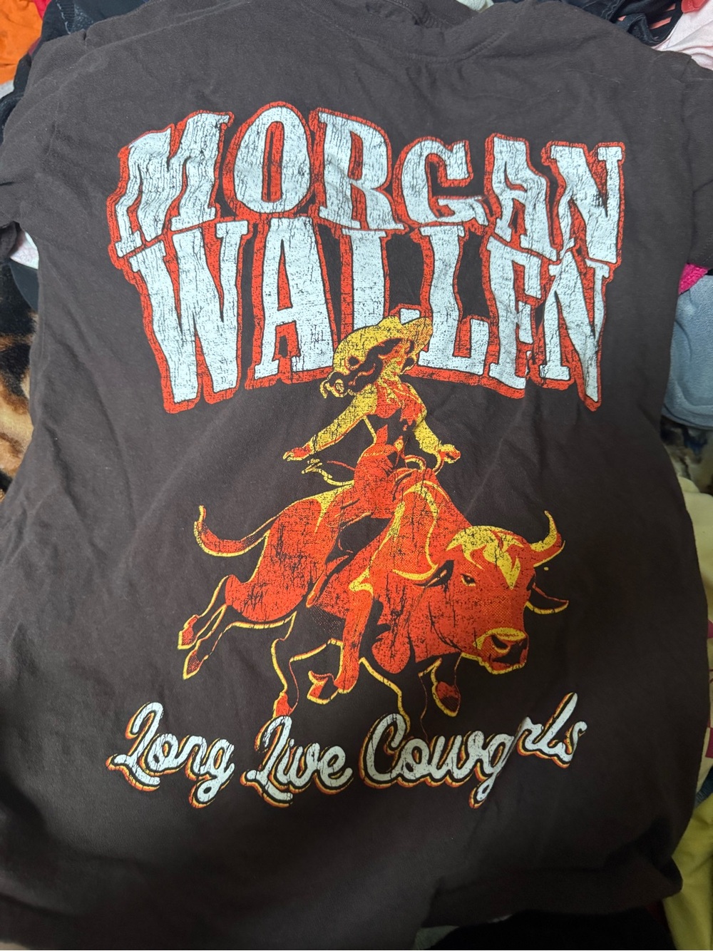 Morgan Wallen "Long Live Cowboys" Graphic Tee - Brown with Orange & White Print
